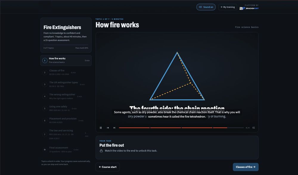 The BrackenFort Academy course player: topic 1 of 7, How fire works, with a narrated video, captions, the topic list and a task that unlocks when the video ends.
