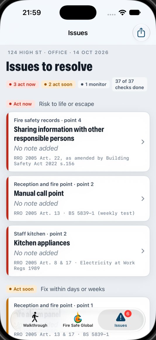 FireWalk issues screen: issues to resolve grouped by urgency, each with the regulation it relates to.