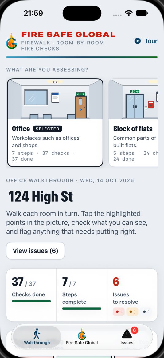 FireWalk start screen: choose office, block of flats or warehouse, with checks done, steps complete and issues to resolve.
