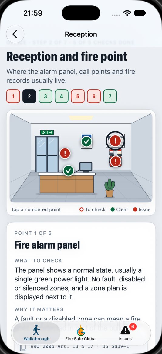 FireWalk room screen: the reception illustration with numbered hotspots marked clear or issue, and the fire alarm panel check below it.