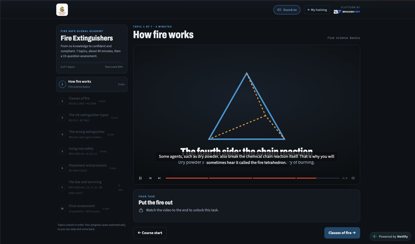 The Fire Safe Global Academy course player showing topic 1 of 7, How fire works, with a narrated video, captions, the topic list on the left and a locked task that reads Watch the video to the end to unlock this task.